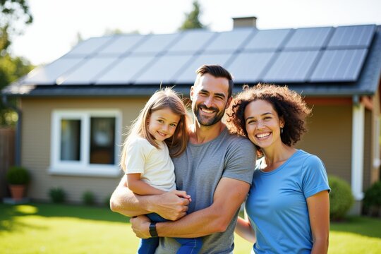 A Happy Family Posing in Their Backyard with Solar Panels on the Roof: Celebrating Sustainability and Togetherness on a Bright Day