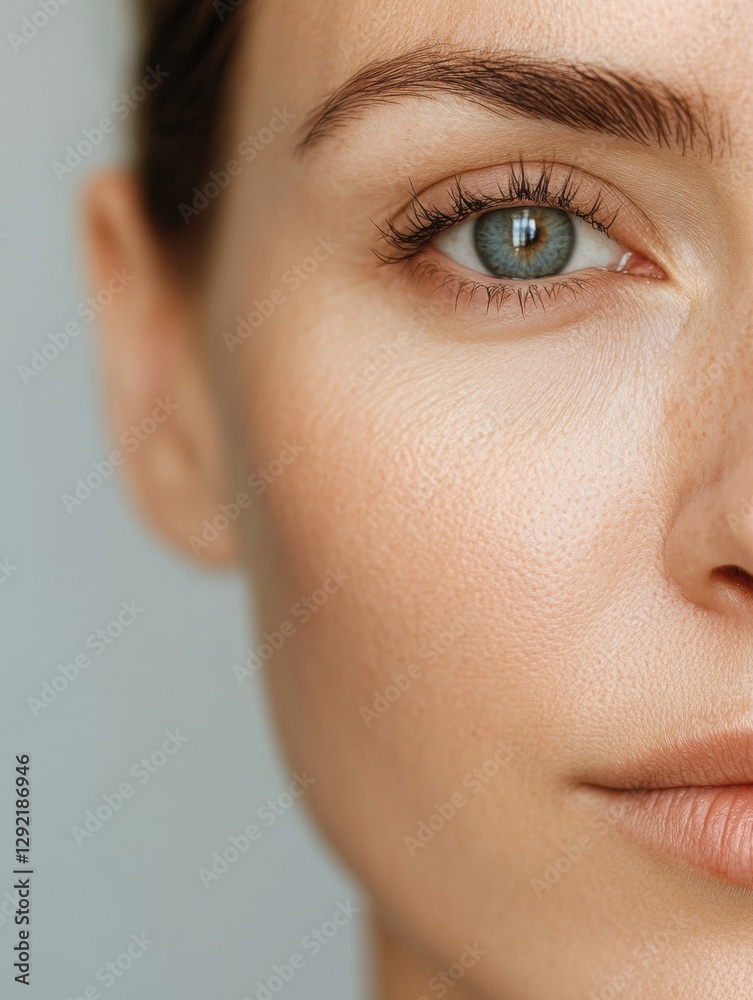 Poster close up of a womans face showcasing contrasting drawn lines and smooth skin in a clinical style. ge