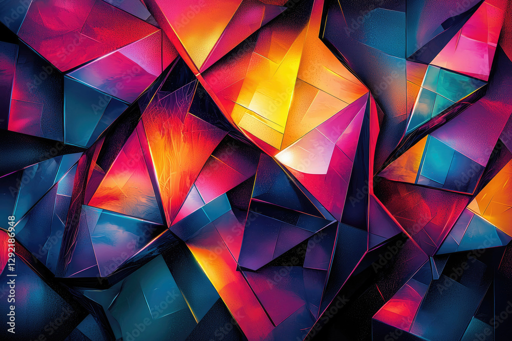 Poster Abstract vibrant geometric shapes, dynamic composition of colorful triangles and polygons.
