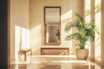 Fototapeta premium Softly lit hallway with a large mirror, wooden bench, and potted plants.