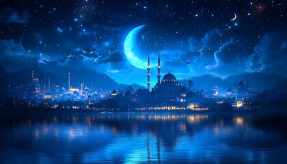 Night city mosque reflection starry sky