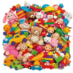 Fototapeta premium A colorful pile of various toys on a transparent background.