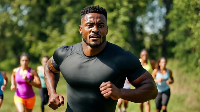 A black runner man leads a group of athletes engaging in a running practice session in a park surrounded by green trees