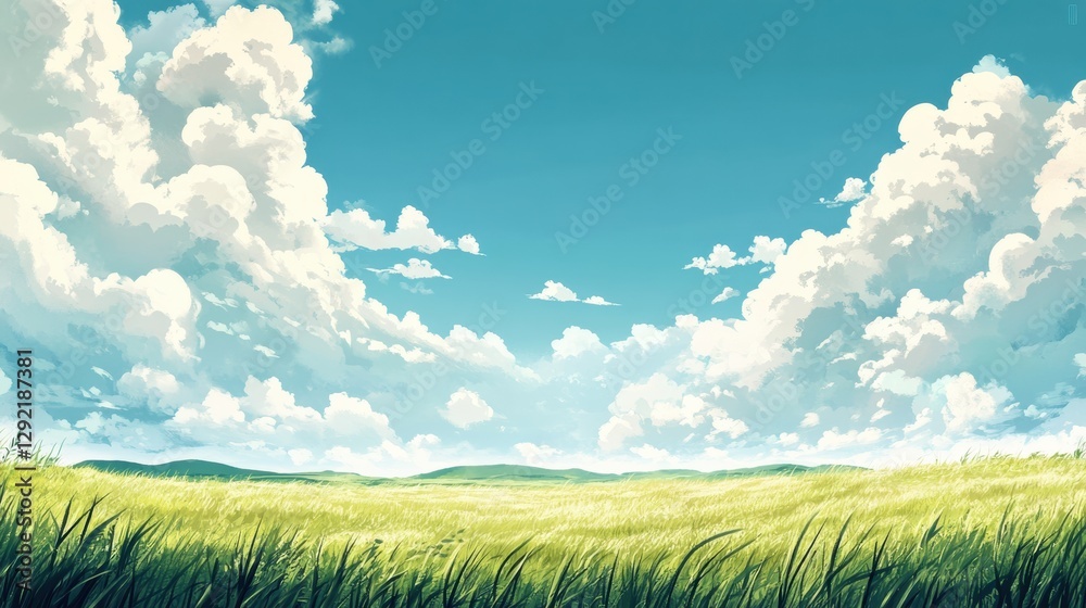 Wall mural Vast green meadow under a bright blue sky with fluffy white clouds during a sunny day in spring. Generative AI