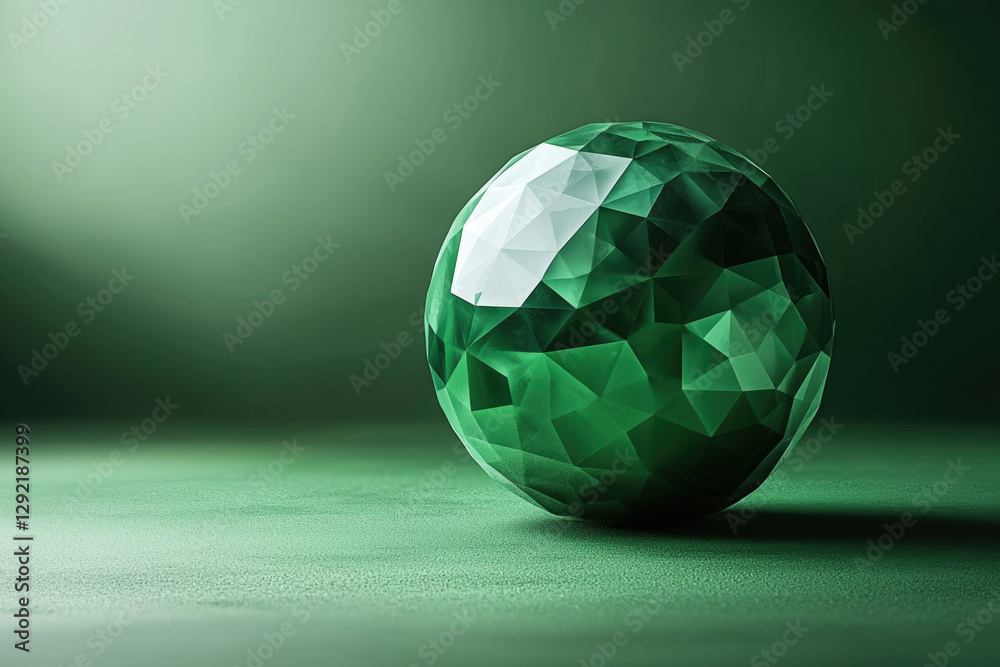 Poster a green,faceted sphere rests on a matching surface, illuminated by soft light, showcasing its geomet