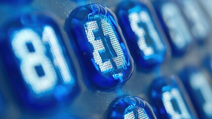 Close-up of blue translucent buttons with white numbers and symbols.  Background shows similar buttons.  Possible use technology, electronics, or design
