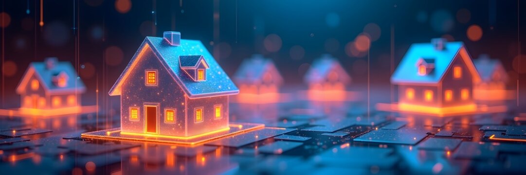 Glowing holographic houses neon light, modern real estate concept background, wide panorama - Powered by Adobe
