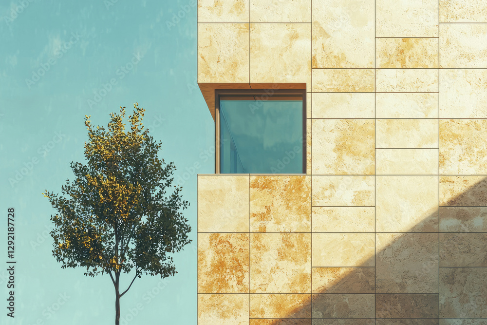 Poster minimalist architecture showcasing a single window and a solitary tree against a clear blue sky.