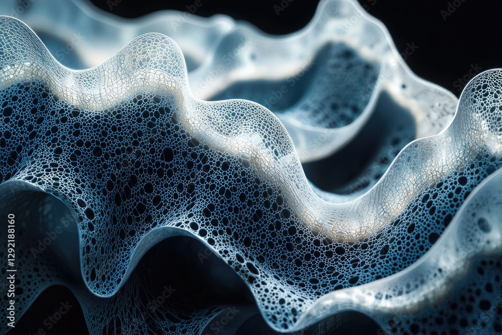 Poster Abstract wavy surface with interconnected bubbles, resembling a cellular structure or foam.