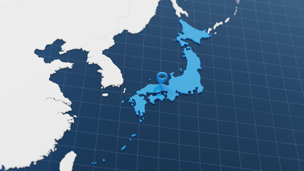 Fototapeta premium Blue Japan 3d map with pointer pin surrounded with other countries in white. Political map with borders. 3d render illustration