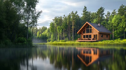 Obraz premium Beautiful forest view and waterside cabin on peaceful lake high resolution picture