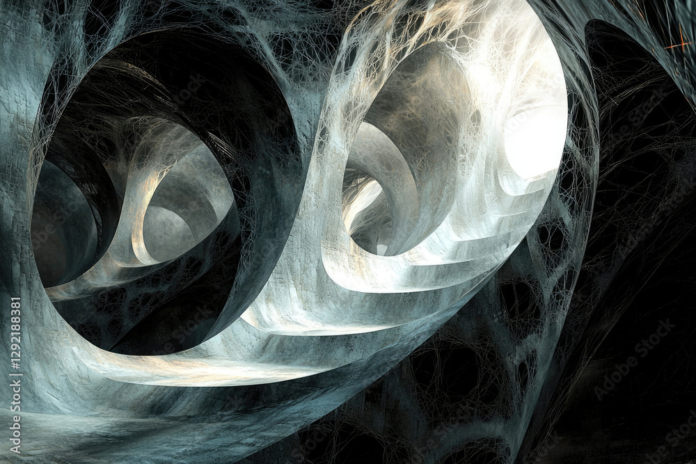Poster abstract fractal art depicting a dark, cavernous space with intricate web-like structures and curvin