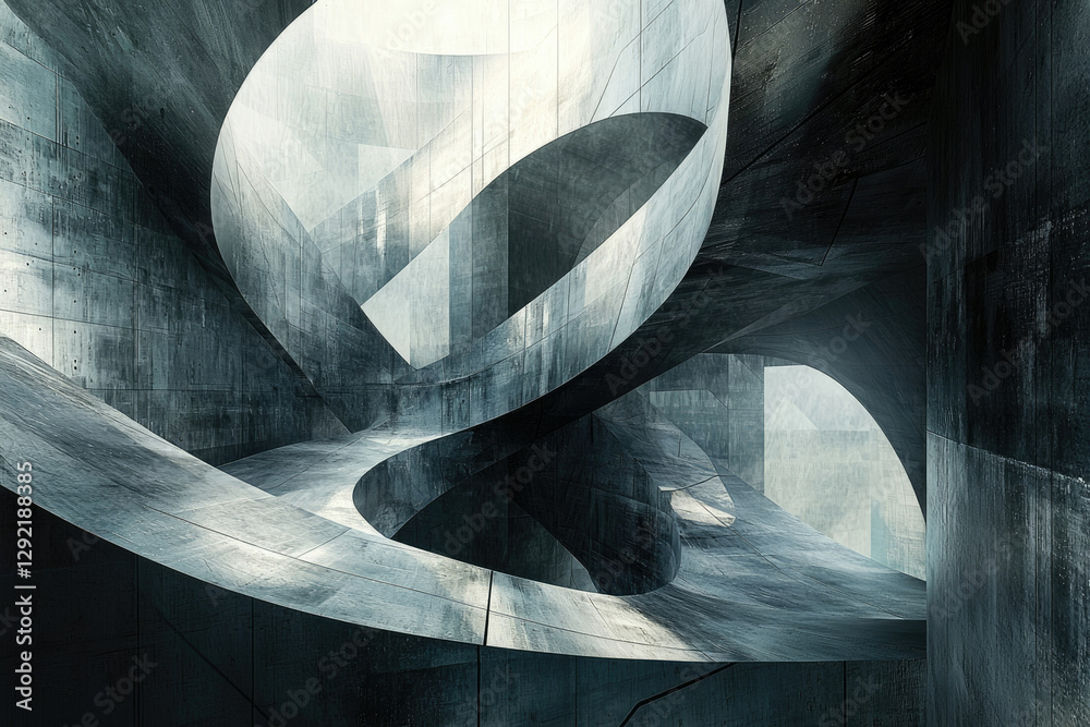 Poster Abstract concrete architecture showcasing intricate, curving pathways and textured surfaces within a dimly lit, futuristic space.