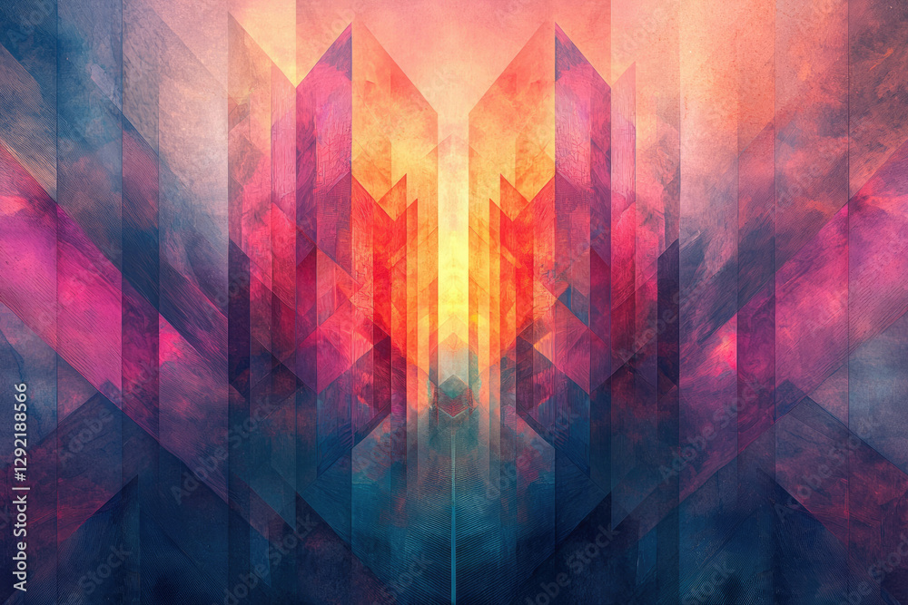 Poster abstract geometric artwork with vibrant hues of red, orange, and blue, creating a symmetrical and ca