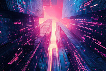 Obraz premium A futuristic cityscape with towering, neon-lit buildings reaching for a vibrant, pink-hued sky.