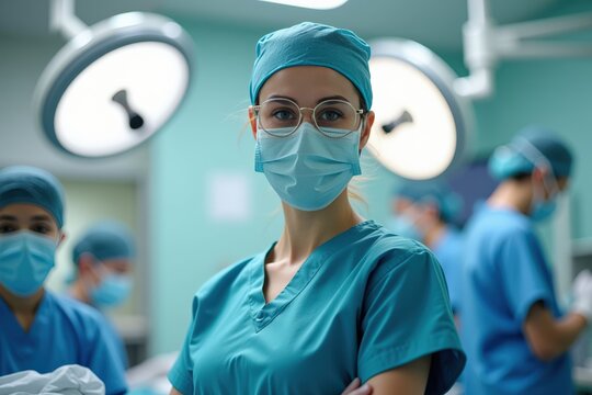 Female Surgeon in Surgical Scrubs and Mask in an Operating Room During a Medical Procedure with Colleagues in the Background