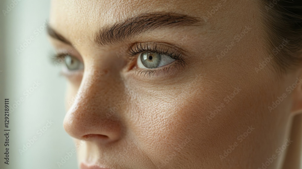 Poster close up of a womans face highlighting drawn lines and smooth skin in a medical analysis style showc