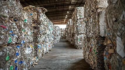 Rows of enormous piles of recycled materials in a spacious warehouse dedicated to sustainable practices