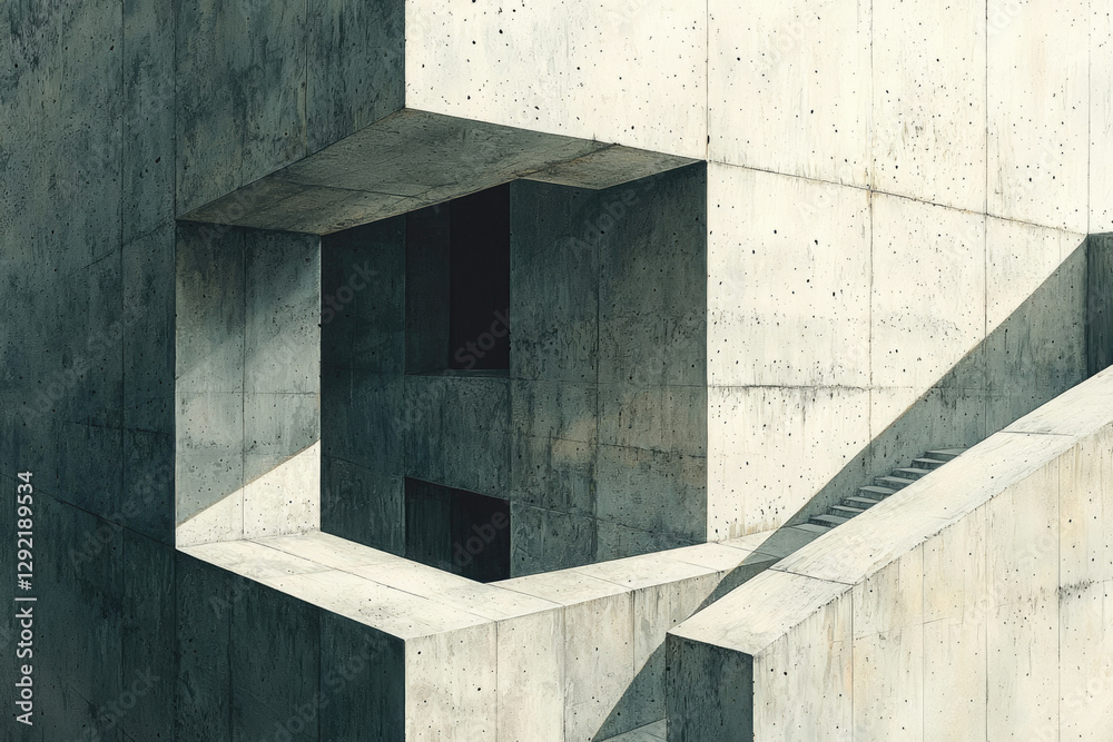 Aufkleber Abstract concrete architecture with intersecting geometric forms and shadowed stairs.