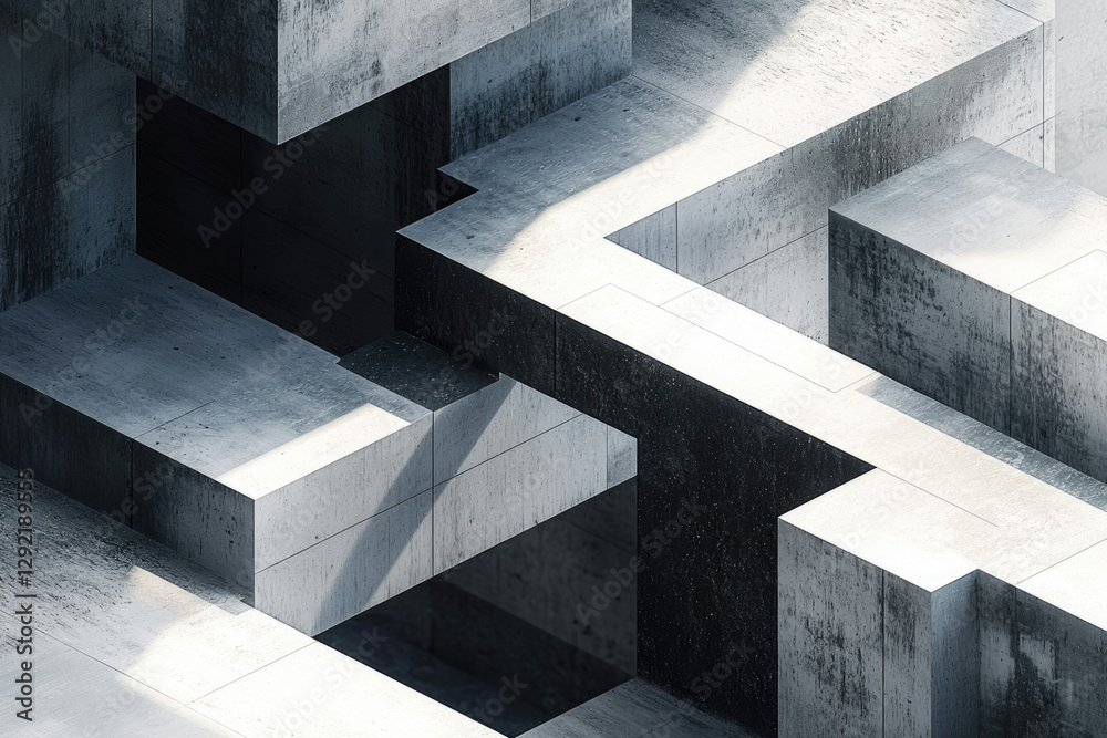 Poster Abstract 3D rendering of a complex concrete structure, showcasing intersecting geometric shapes and shadows.