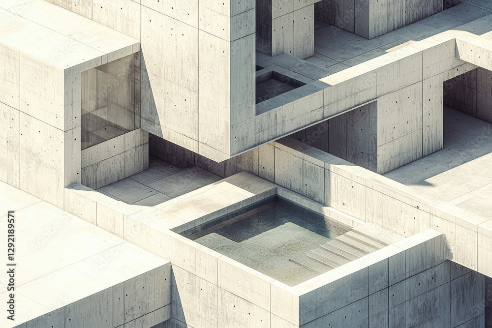 Poster abstract minimalist concrete architecture with an integrated pool, showcasing geometric design and m