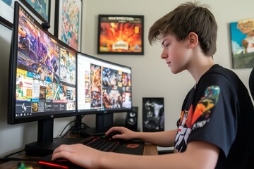 Teenager sitting at a vibrant gaming desk, clicking through an online store on their dual monitor setup