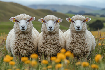 Fototapeta premium Triple Threat of Wool, Sheep Trio in a Golden Meadow