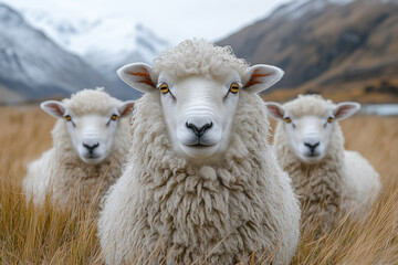 Obraz premium Serene Sheep Trio Grazing in a Mountain Meadow under a Cloudy Sky