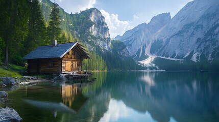 Fototapeta premium Calm lake surface reflecting waterside cabin and green forest high resolution picture