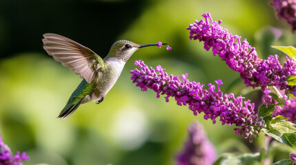 Fototapeta premium Vibrant hummingbird in mid-flight feeding on nectar from a purple thistle flower, delicate wings spread wide against a blurred green background, showcasing nature, pollination, and wildlife photograph