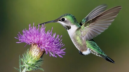 Fototapeta premium Vibrant hummingbird in mid-flight feeding on nectar from a purple thistle flower, delicate wings spread wide against a blurred green background, showcasing nature, pollination, and wildlife photograph
