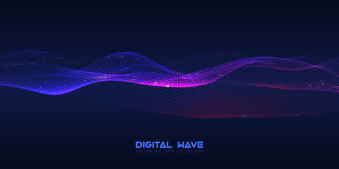 Abstract digital audio wave of particles with bokeh. Futuristic AI technology. Cyber data flow vector concept.