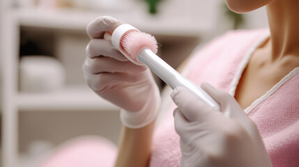 A close-up of a beautician sanitizing a derma roller before use