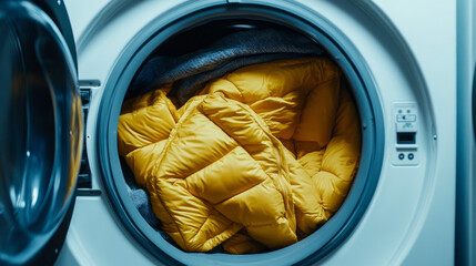 Yellow winter puffer jacket in the drum of open washing machine in laundry room. Washing dirty down jacket in the washer