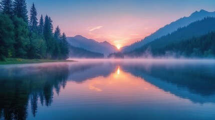Fototapeta premium Serene misty lake at sunrise in mountain landscape with pine forest