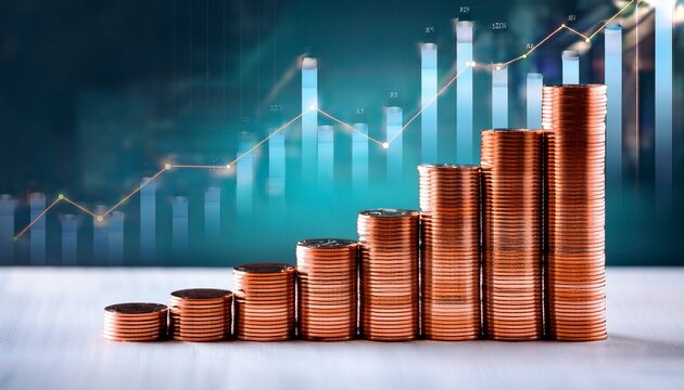 metallic cuprum cylinders rise against economic graph shining bars reflect the stock market s fluctuations financial growth depicted by ascending copper rods panorama with copy space