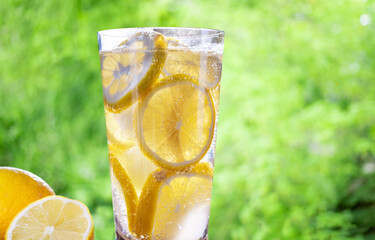juicy lemon slices in a glass of lemonade close-up