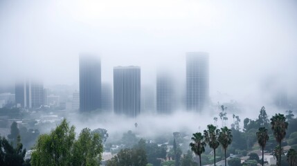 Naklejka premium Foggy City Skyline with Skyscrapers Emerging from Mist – Urban Landscape with Palm Trees