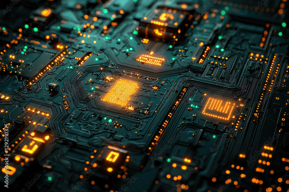Poster Close-up view of a complex circuit board with illuminated components, showcasing intricate technological design.