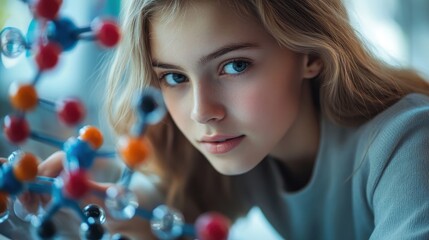 Young caucasian female teen studying molecular model