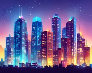 Naklejka premium Night city skyline, glowing buildings, urban landscape, website banner