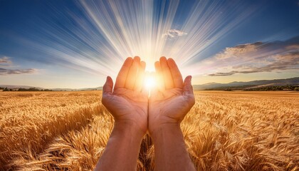 harvest blessings with sunlit hands open hands appear to hold and cherish a burst of sunlight above a field of ripe wheat symbolizing abundance and gratitude