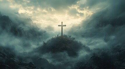 Fototapeta premium Dramatic cross on misty mountain at sunset with cloudy sky and rugged landscape
