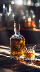 Elegant Display of Crystal-Clear Glass and Rye Whiskey Bottle in Vintage-Themed Atmosphere