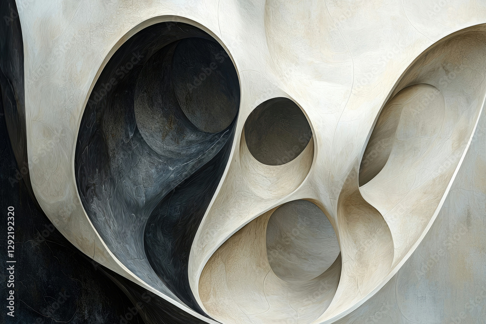 Poster Abstract sculpture with swirling, interconnected beige and dark gray forms creating a sense of depth and movement.
