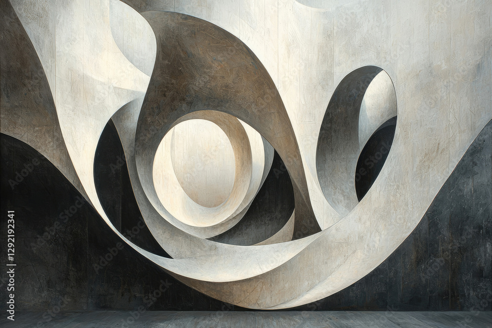 Poster Abstract concrete structure with swirling, interconnected curves and circular openings, creating a sense of depth and movement.