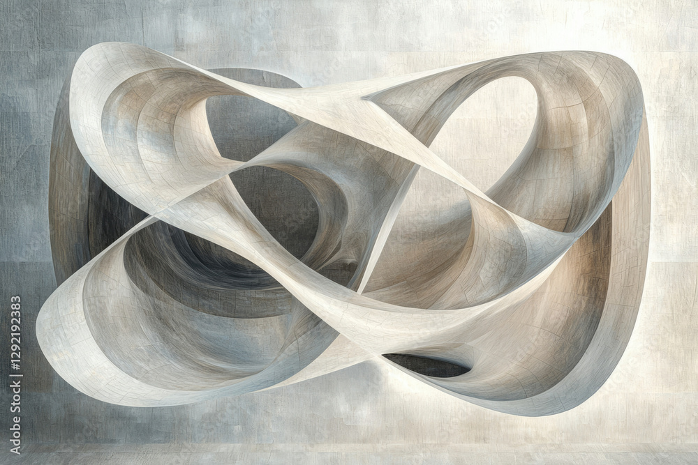 Poster Abstract grayscale artwork depicting interwoven, curved forms resembling a complex architectural structure.