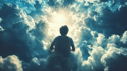 Fototapeta premium Young caucasian male exploring ethereal cloudscape under radiant sunlight