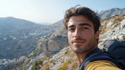 Naklejka premium Young caucasian male traveler taking selfie in mountainous landscape