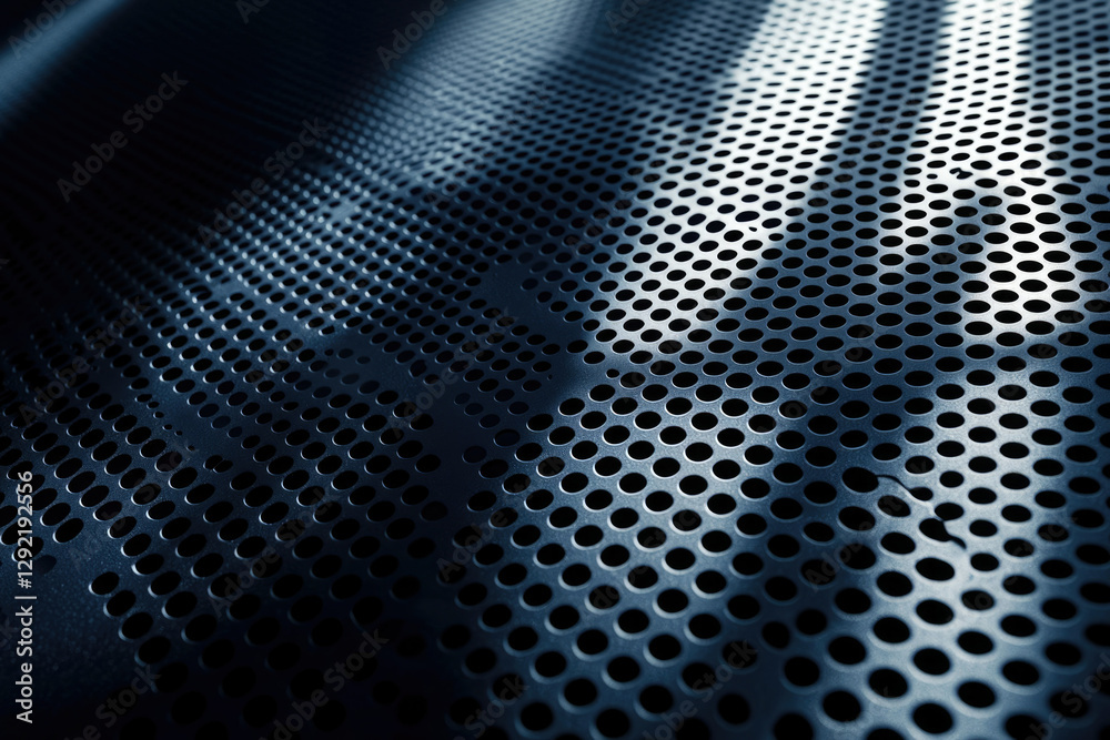 Poster dark metallic surface with evenly spaced circular holes, illuminated by streaks of light.
